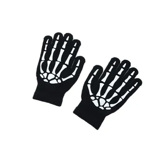 Halloween skeleton pattern knit gloves for outdoor winter sports with touchscreen feature