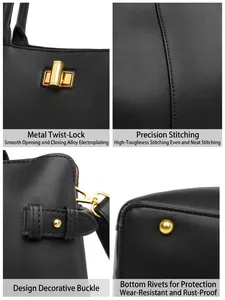 Detail view of black soft leather tote bag with gold hardware and precision stitching