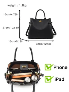 Large capacity black soft leather tote handbag with multi-compartments and size details