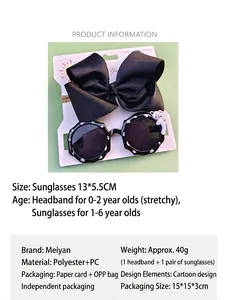 Détail d'un ensemble de lunettes de soleil pour enfants et bandeau noir avec dimensions