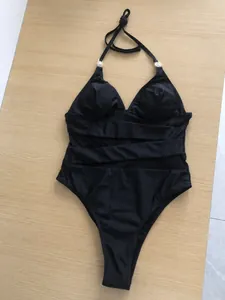 Schwarzer Neckholder-Badeanzug mit transparenten Mesh-Einsätzen und Strass-Verzierung