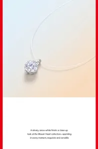 Detailed close-up view of a sparkling round-cut moissanite pendant on an invisible line
