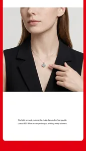 Close-up of minimalist moissanite pendant on a silver invisible line necklace