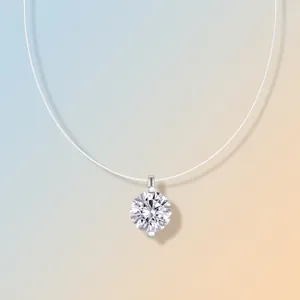 Elegant minimalist invisible line necklace with a sparkling round Moissanite pendant