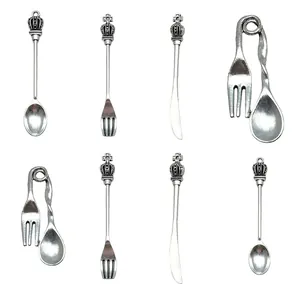 Antique silver alloy miniature cutlery pendants with crown detail for DIY jewelry making
