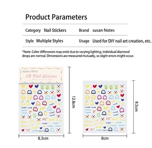 Detailed dimensions of colorful 5D nail stickers featuring cartoon ghosts and hearts patterns.