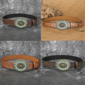 Ceinture en Similicuir Rétro Bohème pour Femmes Avec Grande Boucle Ovale en Alliage Turquoise Künstliche Perle Strass Incrusté Taille Ethnique Western