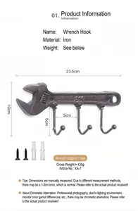 Detalle de gancho de pared forma de llave inglesa hierro fundido con medidas
