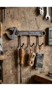 Vista detallada de un gancho de pared rústico industrial de hierro fundido con forma de llave