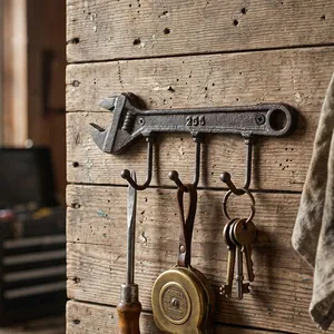 Gancho de pared de llave de hierro fundido industrial en madera con herramientas.