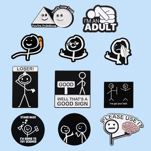 Funny black and white stickman enamel pin set with humorous English quotes for accessories