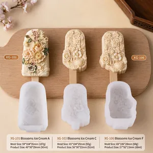 Moldes de silicona para helados con flores, dimensiones detalladas y muestras de polos