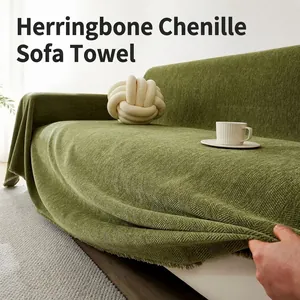 Minimalist Chenille Herringbone Sofa Cover Blanket With Tassels Solid Color Thick Furniture Protector For Living Room Decor