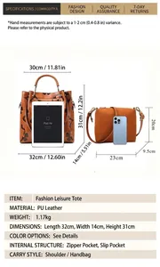 Detailed size chart for large floral bucket tote bag with digital device scale comparison