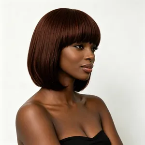 Stylish short brown bob wig with bangs for women, high-quality hair texture detail.