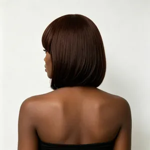 Professional detailed rear view of a dark brown short bob wig with straight bangs
