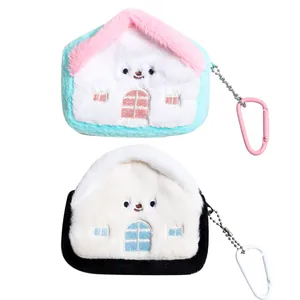 Two creative house shaped plush coin purses and earphone storage bags with carabiner clips