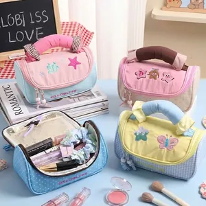 Borsa Trucco Ricamata Poliestere Nylon Grande Capacità Portatile Colore A Contrasto Astuccio Cosmetico Per Donne