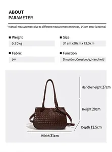 Detailed specifications of the brown woven PU leather handbag including dimensions and weight.