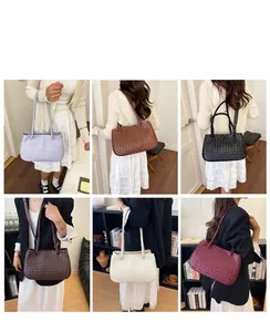 Lifestyle collage showing various colors of woven shoulder bags on model