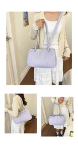 Detailed views of a lavender woven handbag showing different wearing angles and styles