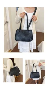 Versatile black woven tote bag detail showing multiple wearing styles in lifestyle scenes