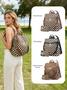 Detailed view of checkered and leopard print backpack sets with matching pouches