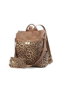 Stylish leopard print backpack set including a laptop rucksack and a matching clutch bag