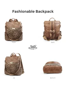 Multi-angle view of fashionable leopard print backpack with durable brown PU leather straps
