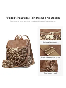 Detailed view of leopard print backpack with gold-toned metal and double zipper design