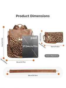 Detailed dimensions of leopard print backpack, clutch purse, and shoulder strap.