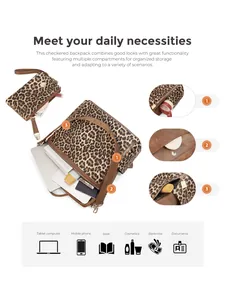 Functional detail of leopard print backpack with multiple storage compartments for tablets.