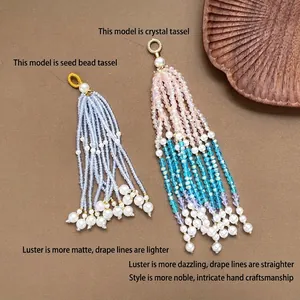 Detailed view of handmade crystal and seed bead tassels for Chinese style DIY accessories