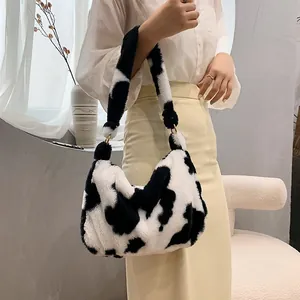 Women Plush Underarm Bag Fashion Cow Leopard Pattern Faux Fur Shoulder Bag Soft Fluffy Handbag Zipper Closure Winter Tote Bag