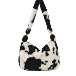 Plush cow print underarm bag for women, soft faux fur shoulder handbag for autumn winter