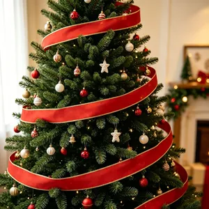 Detail of festive red velvet Christmas tree ribbon with gold wire edges on tree