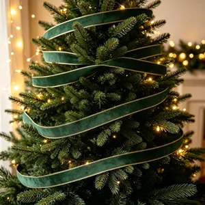 Detail view of dark green velvet Christmas ribbon with gold wire edge on a tree