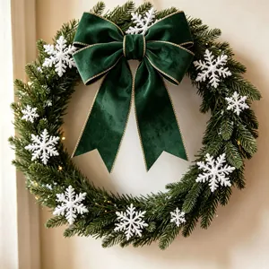 Close-up of a dark green velvet Christmas bow with gold edges on a pine wreath