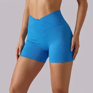 Women's Crossover High Waist Yoga Shorts Seamless Ribbed Workout Gym Biker Shorts Scrunch Butt Lifting Running Athletic Sport Shorts