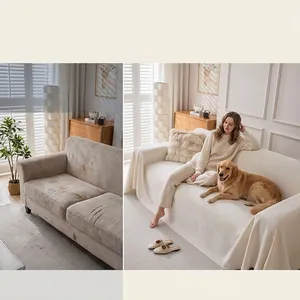 Comparación antes y después de funda de sofá de chenilla crema que protege contra mascotas