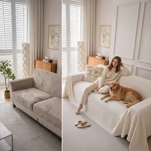 Before and after comparison of cream chenille sofa cover protecting against pets and stains
