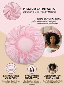 Dettagli della cuffia da notte in raso rosa per la protezione dei capelli ricci folti.