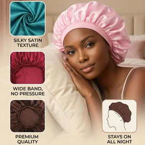 Cuffia da notte in raso di seta rosa con ampia fascia elastica per capelli ricci