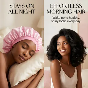 Cuffia da notte grande in raso rosa con fascia elastica larga per la cura dei capelli.