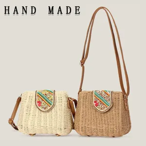 Borsa a Tracolla da Donna Intrecciata a Mano in Corda di Carta con Patta a Perline Colorate Piccola Borsa Boho per Vacanze Estive
