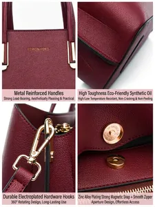 Detail views of a burgundy leather tote bag showing reinforced hardware and texture