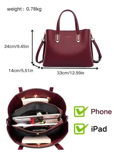 Elegant wine red large capacity tote handbag with dimensions and internal storage view