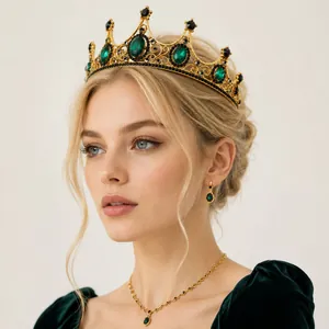 Vintage baroque queen crown set with emerald green rhinestones and matching jewelry