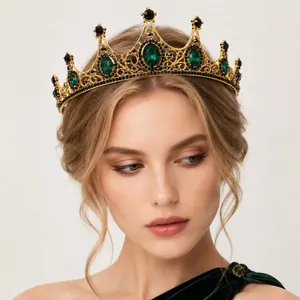 Macro detail of a vintage baroque gold crown with emerald green rhinestones on a model head