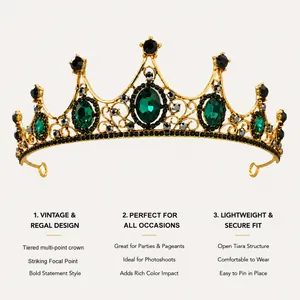 Detailed feature showcase of a luxury gold Baroque tiara with green and black rhinestones